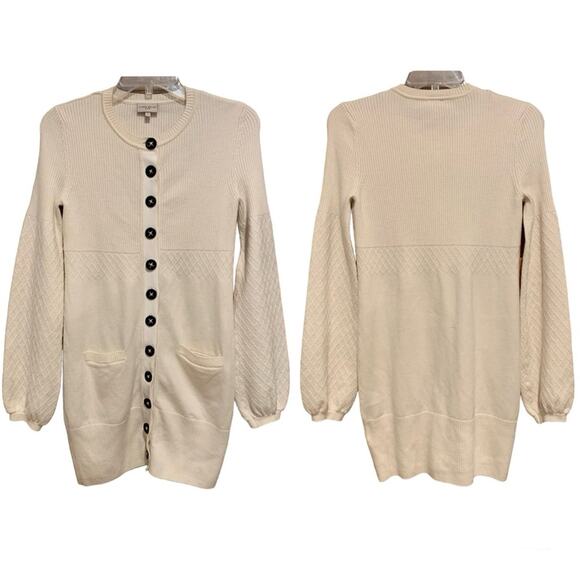 Karen Millen Button Front Long Line Balloon Sleeve Cardigan Ivory/Cream Size 3 - Picture 1 of 12